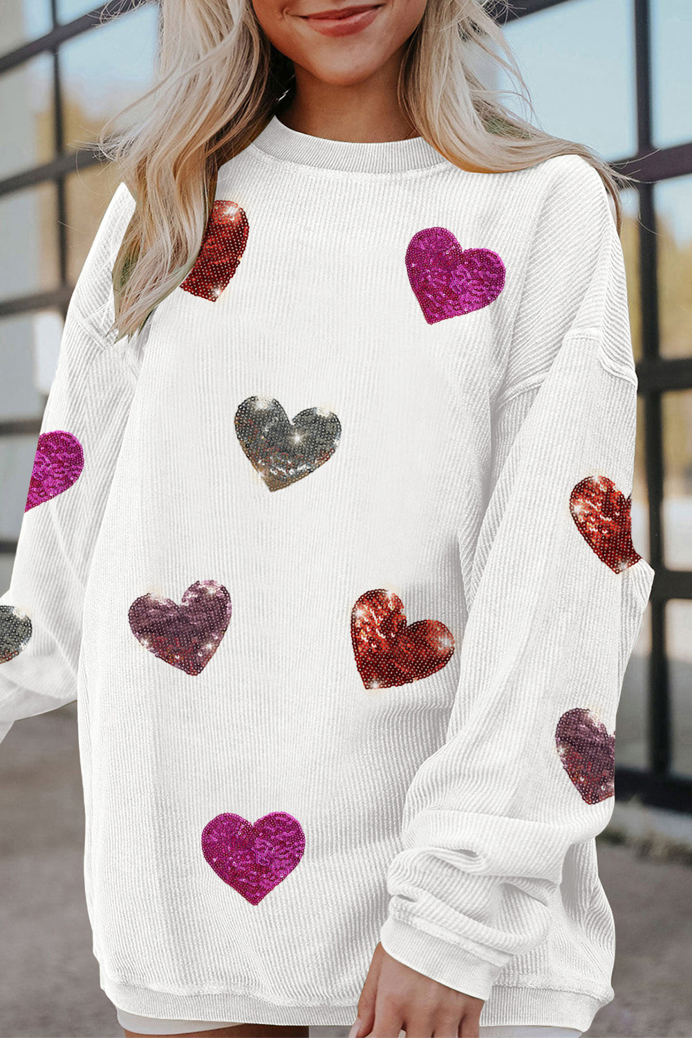 White Valentines Heart Patched Pattern Corded Pullover Sweatshirt-Graphic/Graphic Sweatshirts-[Adult]-[Female]-2022 Online Blue Zone Planet