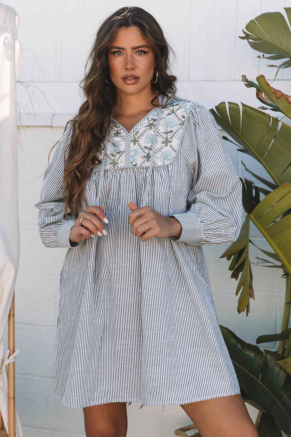 Blue Zone Planet | Black Stripe Floral Patchwork Tied V Neck Shift Long Sleeve Mini Dress-TOPS / DRESSES-[Adult]-[Female]-2022 Online Blue Zone Planet