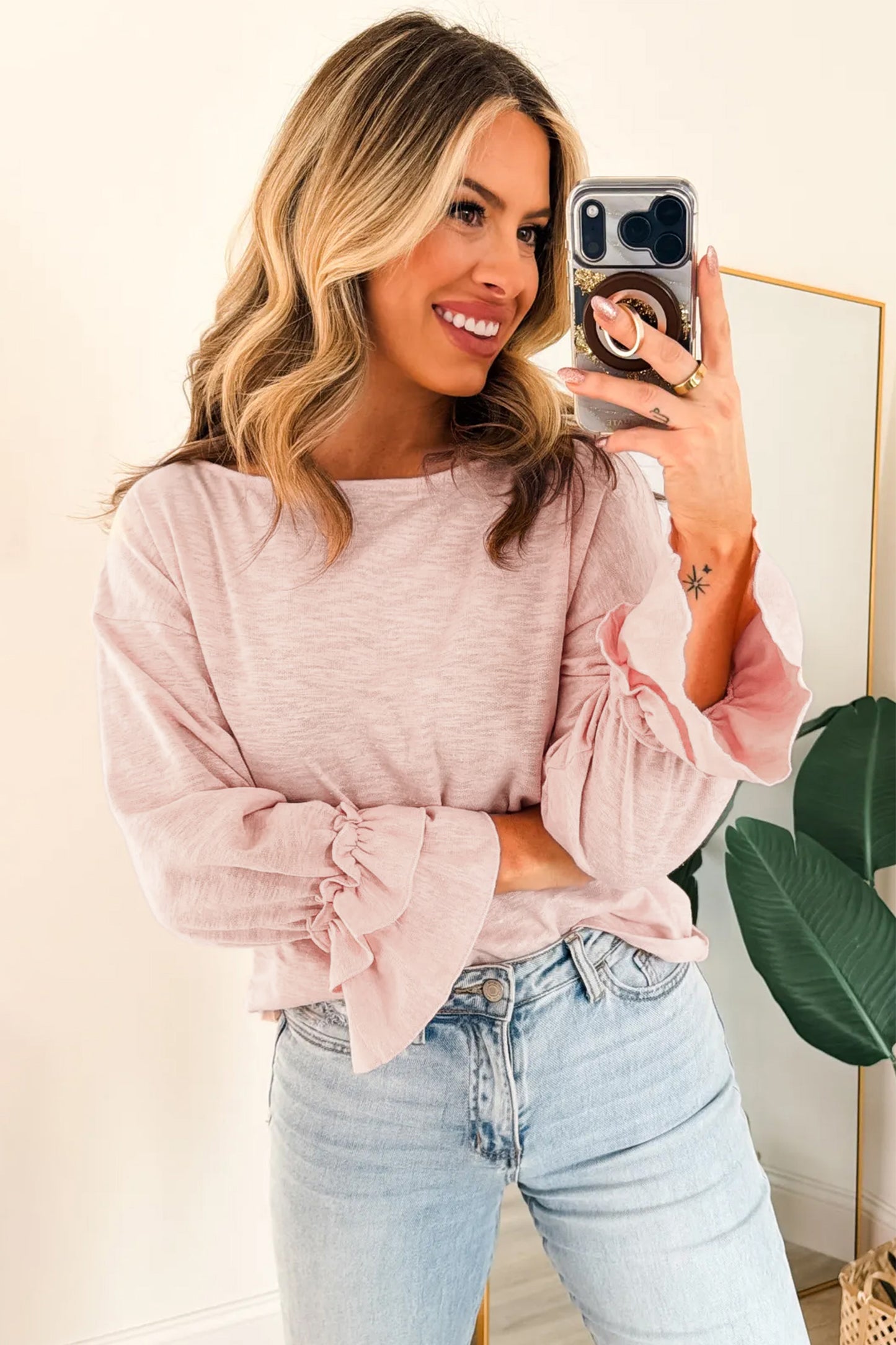 Gossamer Pink Ruffle Sleeve Long Sleeve Loose Pullover Top-Tops/Long Sleeve Tops-[Adult]-[Female]-2022 Online Blue Zone Planet