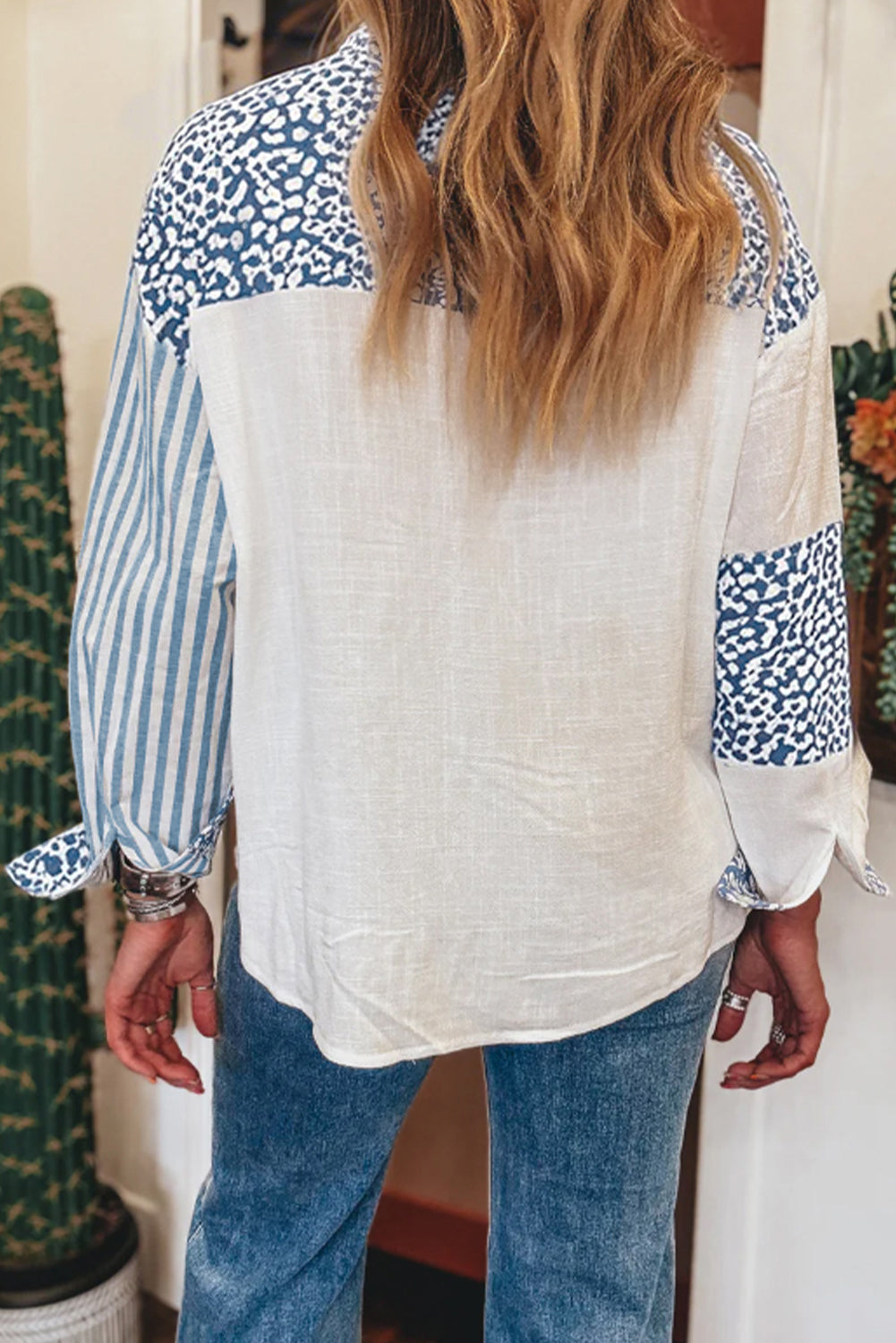 Sky Blue Leopard Striped Western Casual Shirt-Tops/Blouses & Shirts-[Adult]-[Female]-2022 Online Blue Zone Planet
