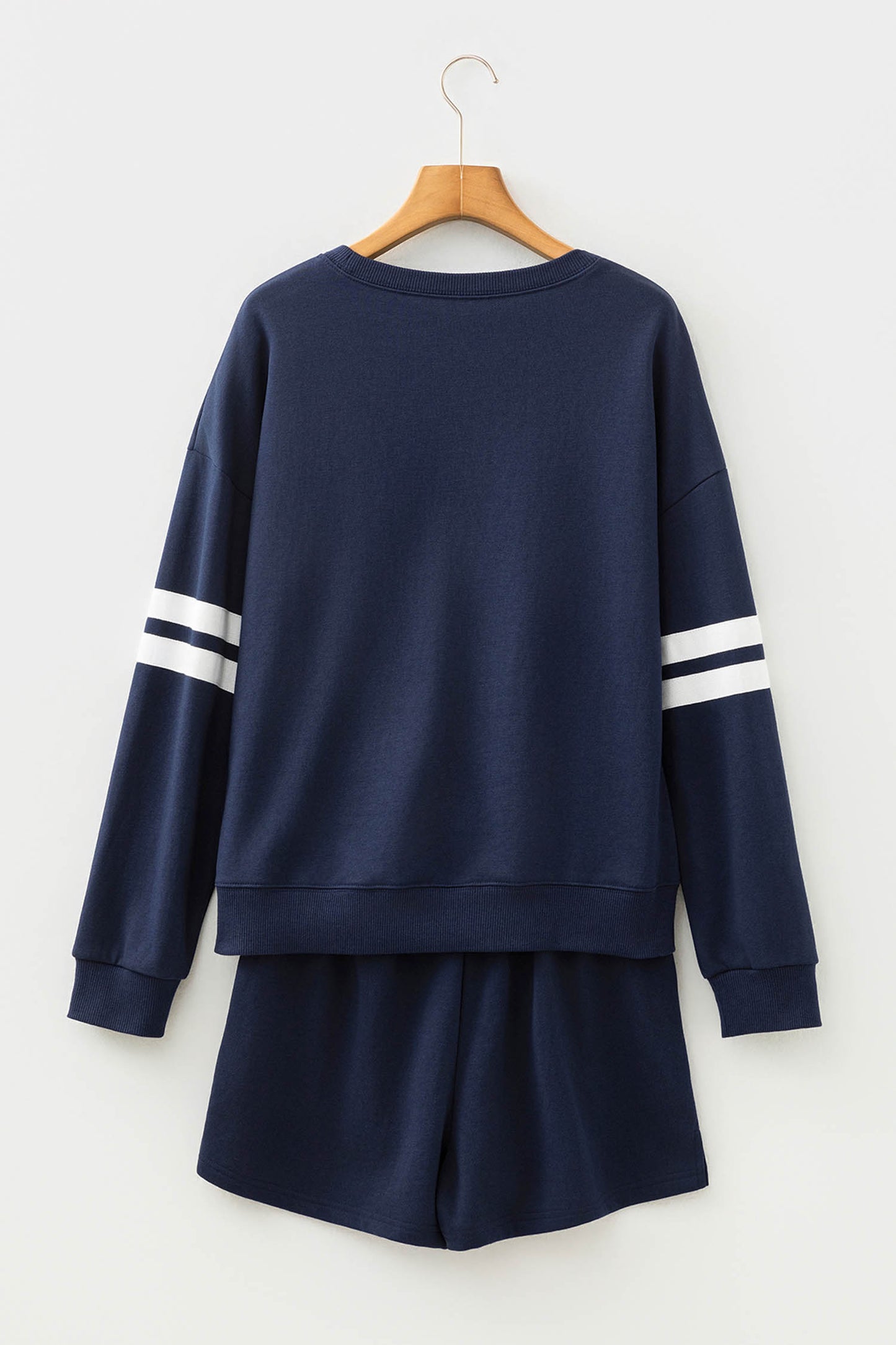 Navy Blue Varsity Striped Sleeve Drop Shoulder Sweatshirt And Short Set-Two Piece Sets/Short Sets-[Adult]-[Female]-2022 Online Blue Zone Planet