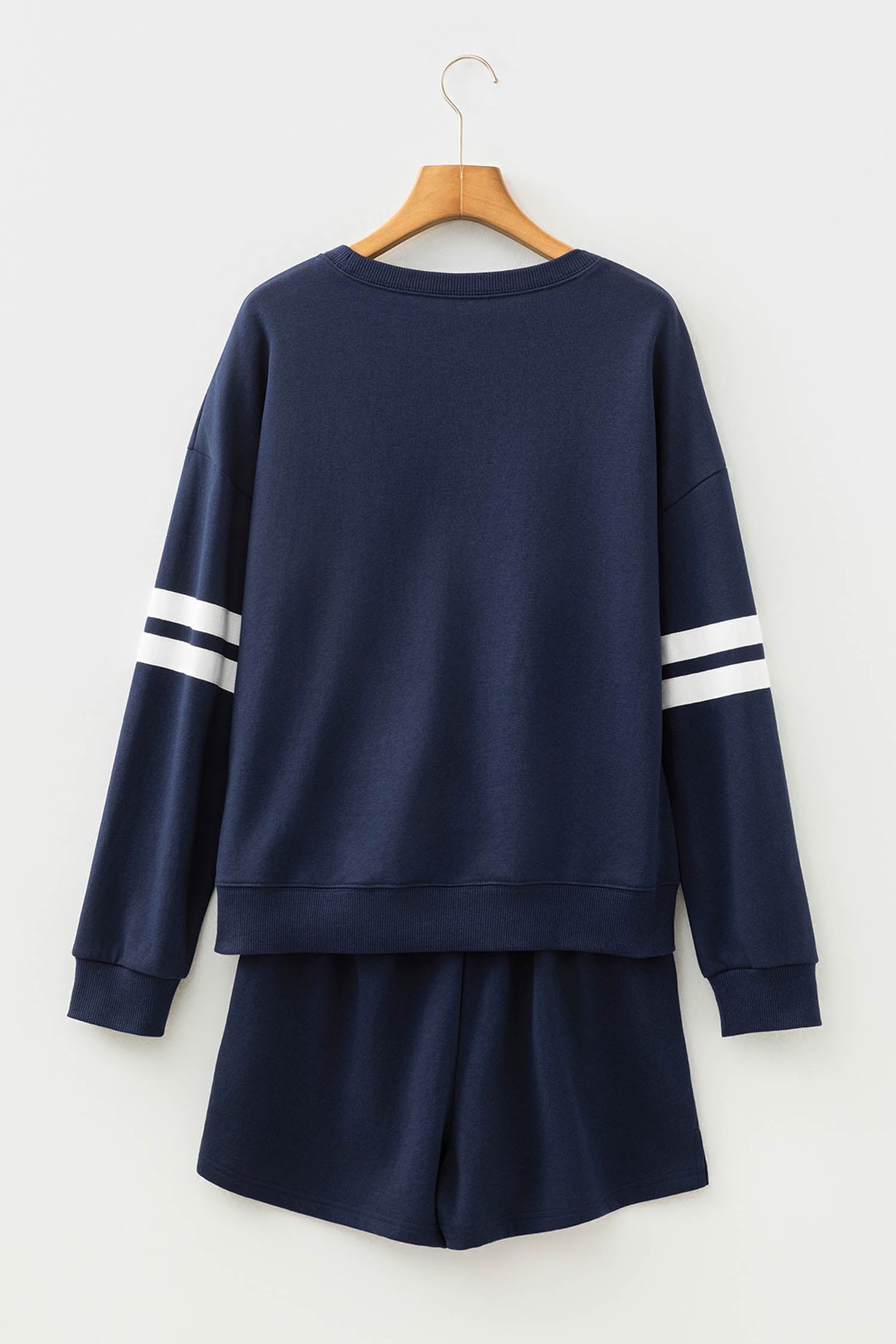 Navy Blue Varsity Striped Sleeve Drop Shoulder Sweatshirt And Short Set-Two Piece Sets/Short Sets-[Adult]-[Female]-2022 Online Blue Zone Planet