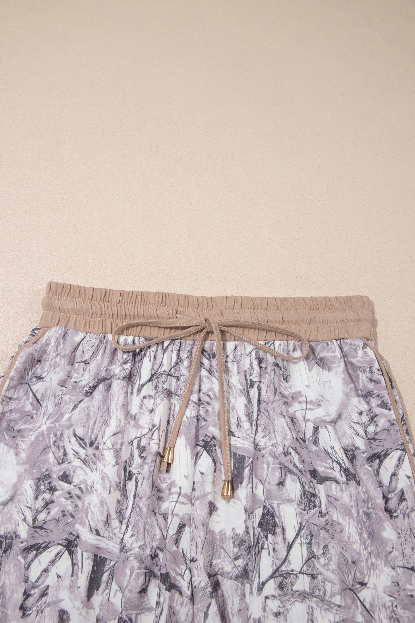 Khaki Camo Woodland Print Drawstring Active Shorts-Bottoms/Casual Shorts-[Adult]-[Female]-2022 Online Blue Zone Planet