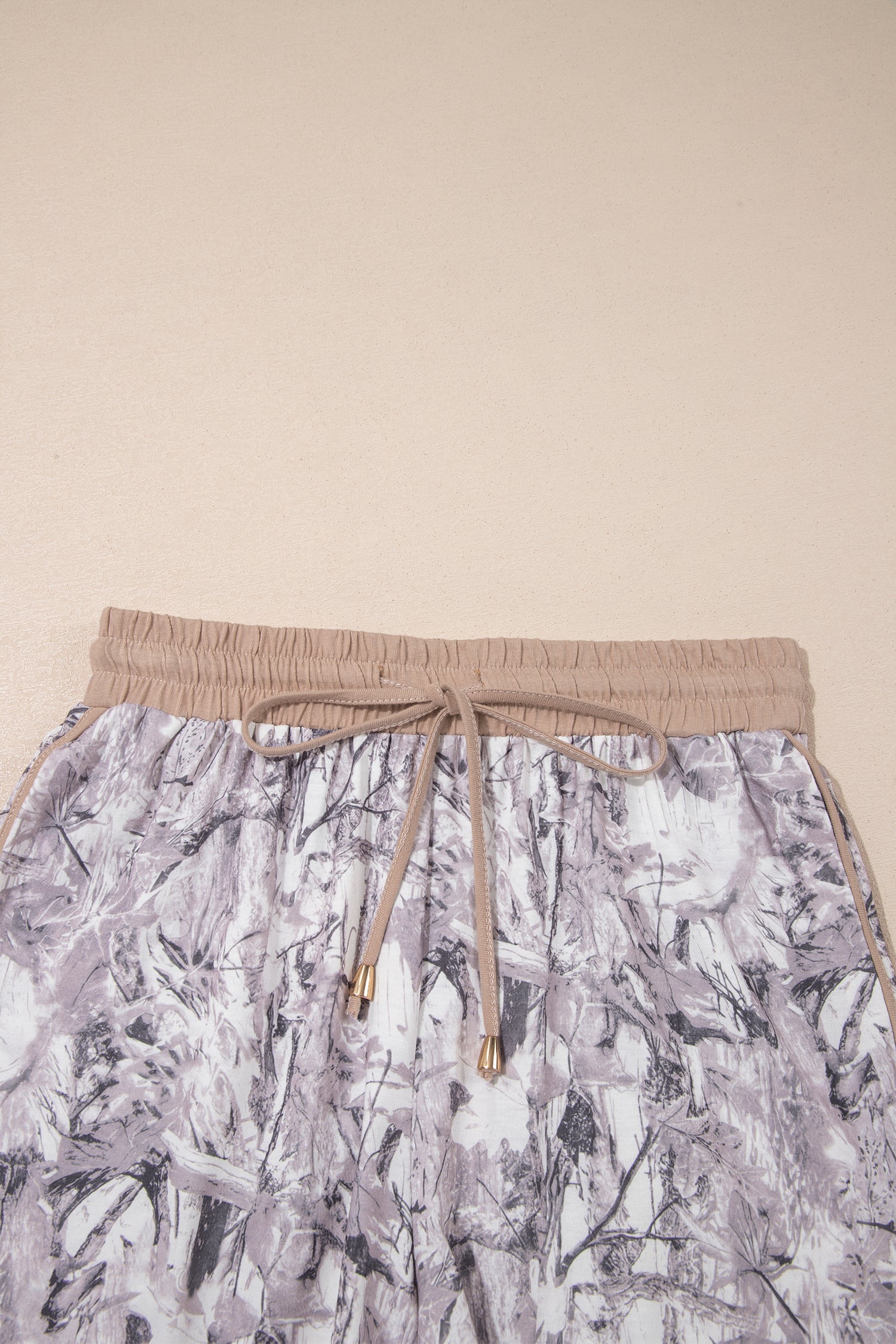 Khaki Camo Woodland Print Drawstring Active Shorts-Bottoms/Casual Shorts-[Adult]-[Female]-2022 Online Blue Zone Planet