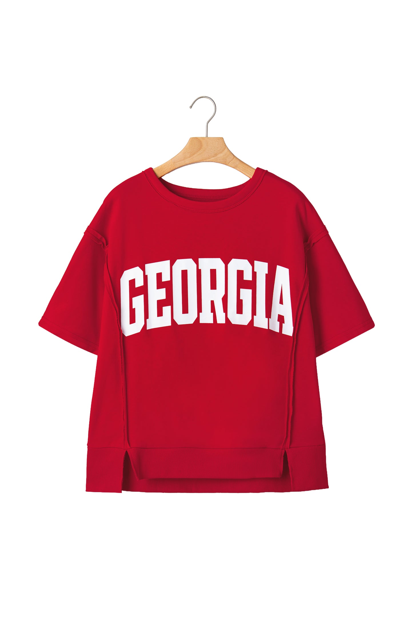 Racing Red Georgie Letter Printed Raw Seam Drop Shoulder Loose Tee-Tops/Tops & Tees-[Adult]-[Female]-2022 Online Blue Zone Planet