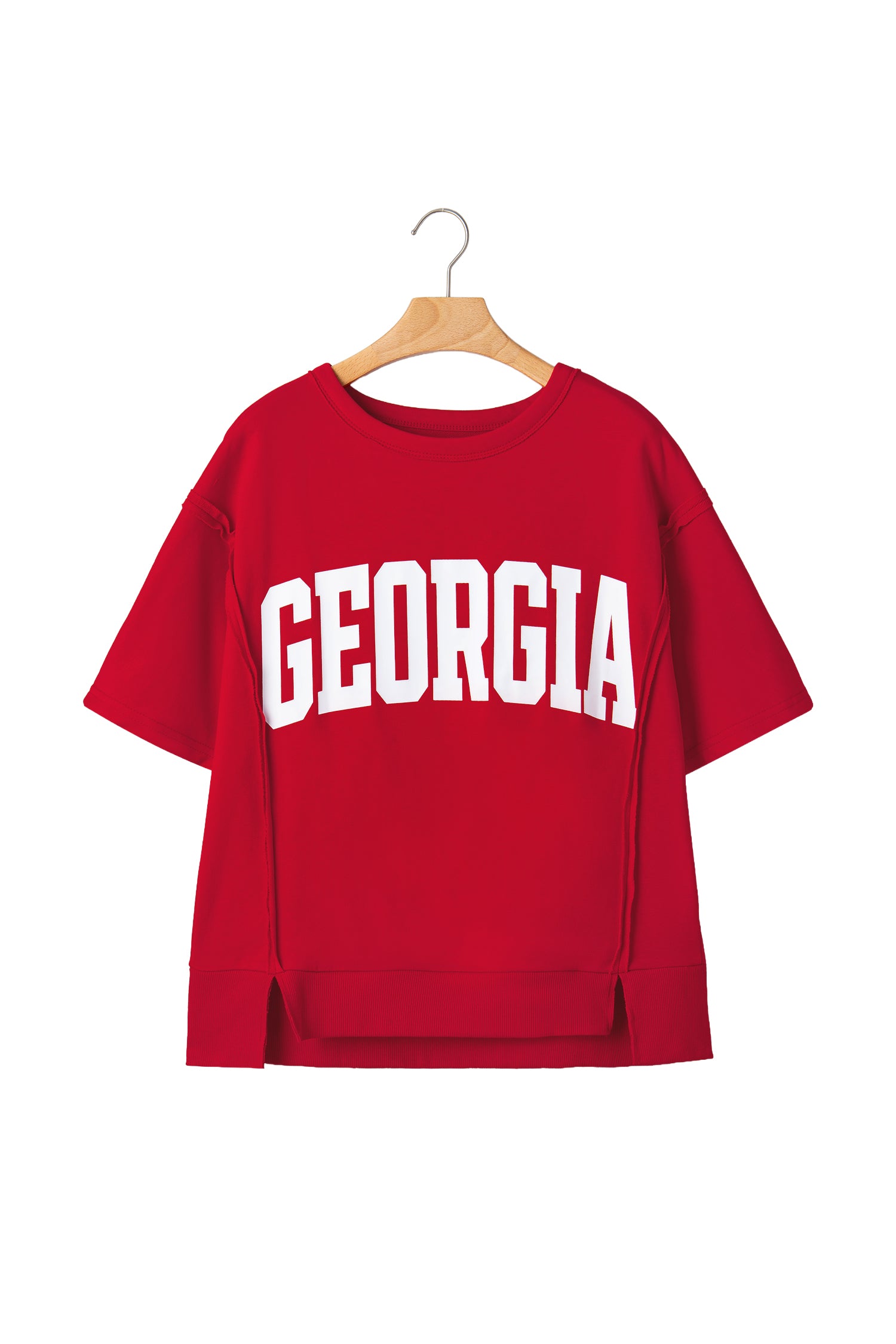 Racing Red Georgie Letter Printed Raw Seam Drop Shoulder Loose Tee-Tops/Tops & Tees-[Adult]-[Female]-2022 Online Blue Zone Planet
