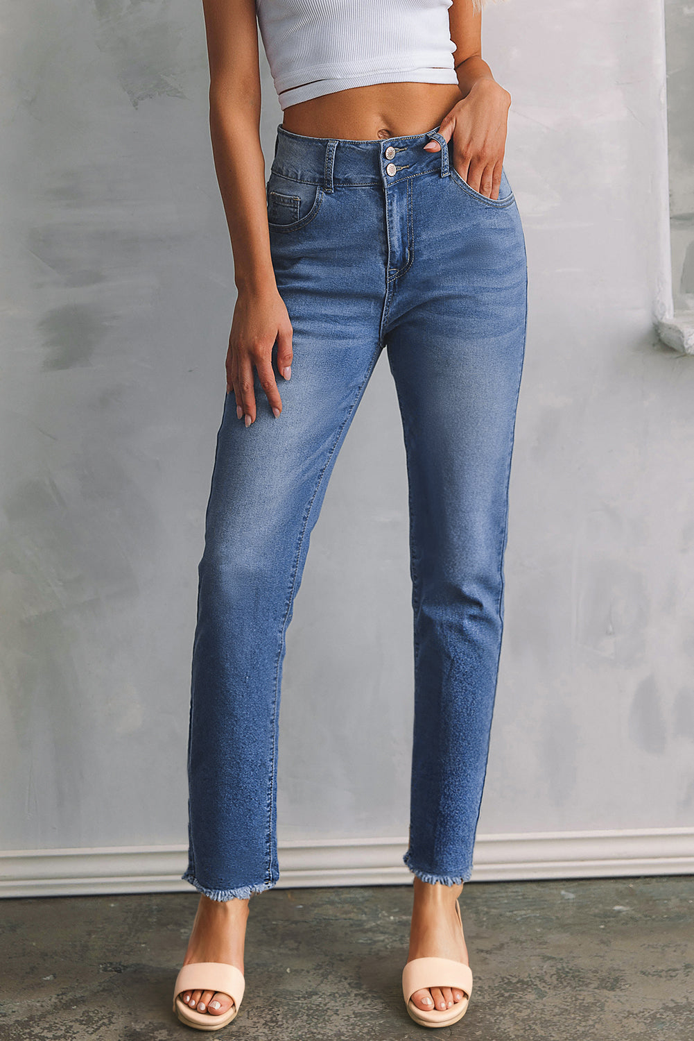 Sky Blue Double Button Raw Hem Slim Fit Jeans-Bottoms/Jeans-[Adult]-[Female]-2022 Online Blue Zone Planet