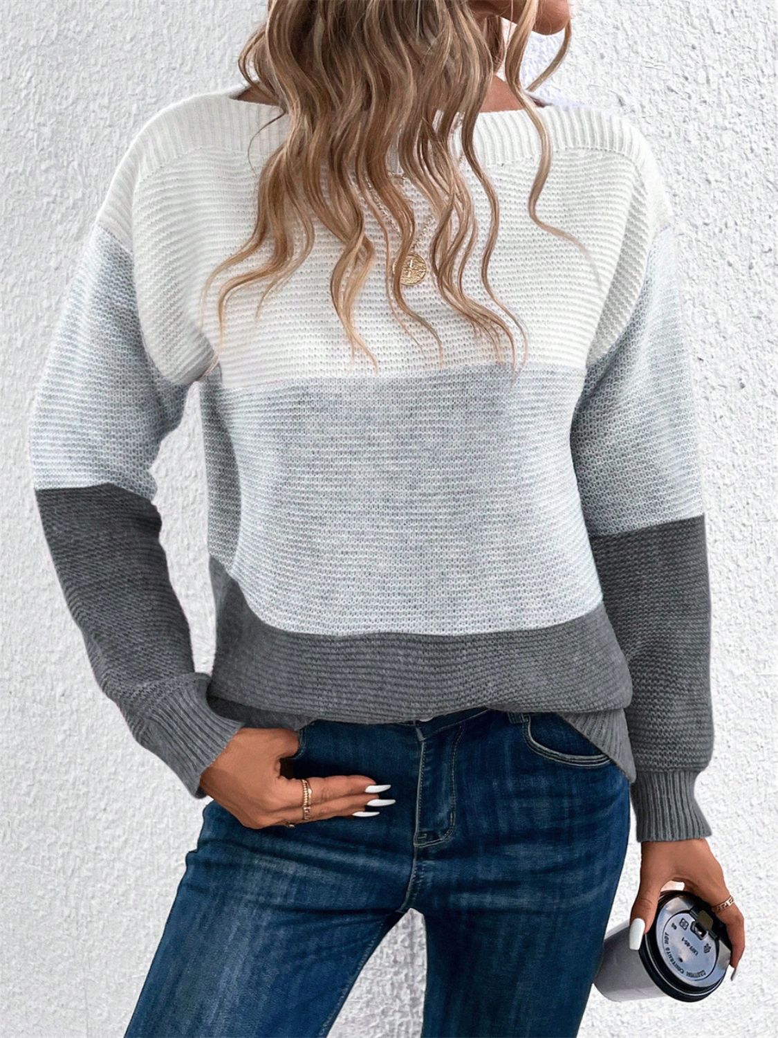 Blue Zone Planet | Color Block Drop Shoulder Long Sleeve Sweater-TOPS / DRESSES-[Adult]-[Female]-Gray-S-2022 Online Blue Zone Planet