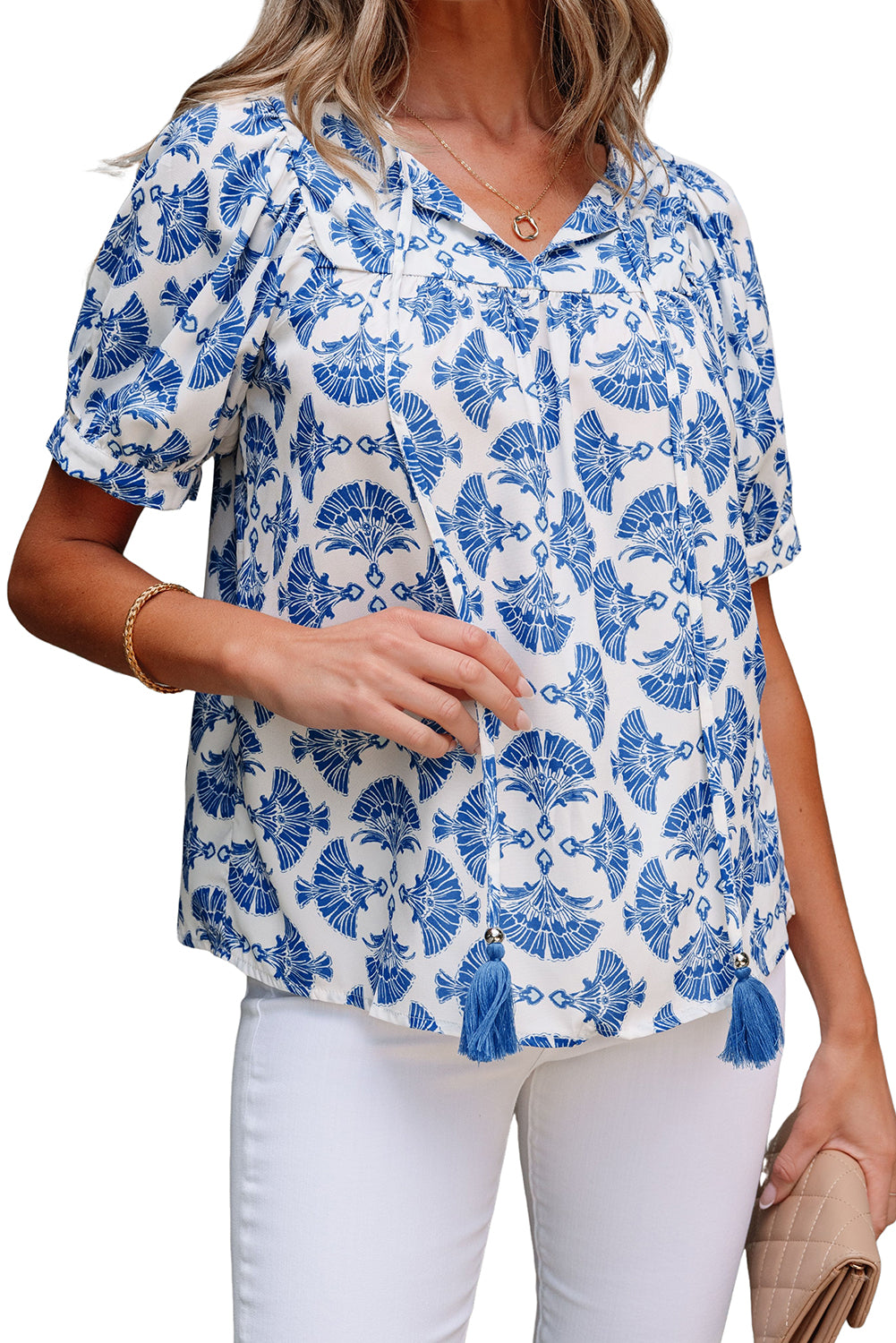 Sky Blue Geometric Print Tassel Drawstring V Neck Blouse-Tops/Blouses & Shirts-[Adult]-[Female]-2022 Online Blue Zone Planet
