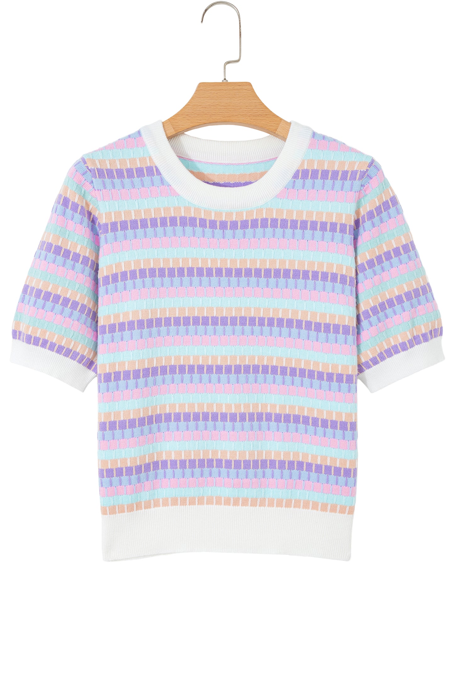 Orange Abstract Striped Knit Short Sleeve Sweater-Sweaters & Cardigans/Short Sleeve Sweaters-[Adult]-[Female]-2022 Online Blue Zone Planet