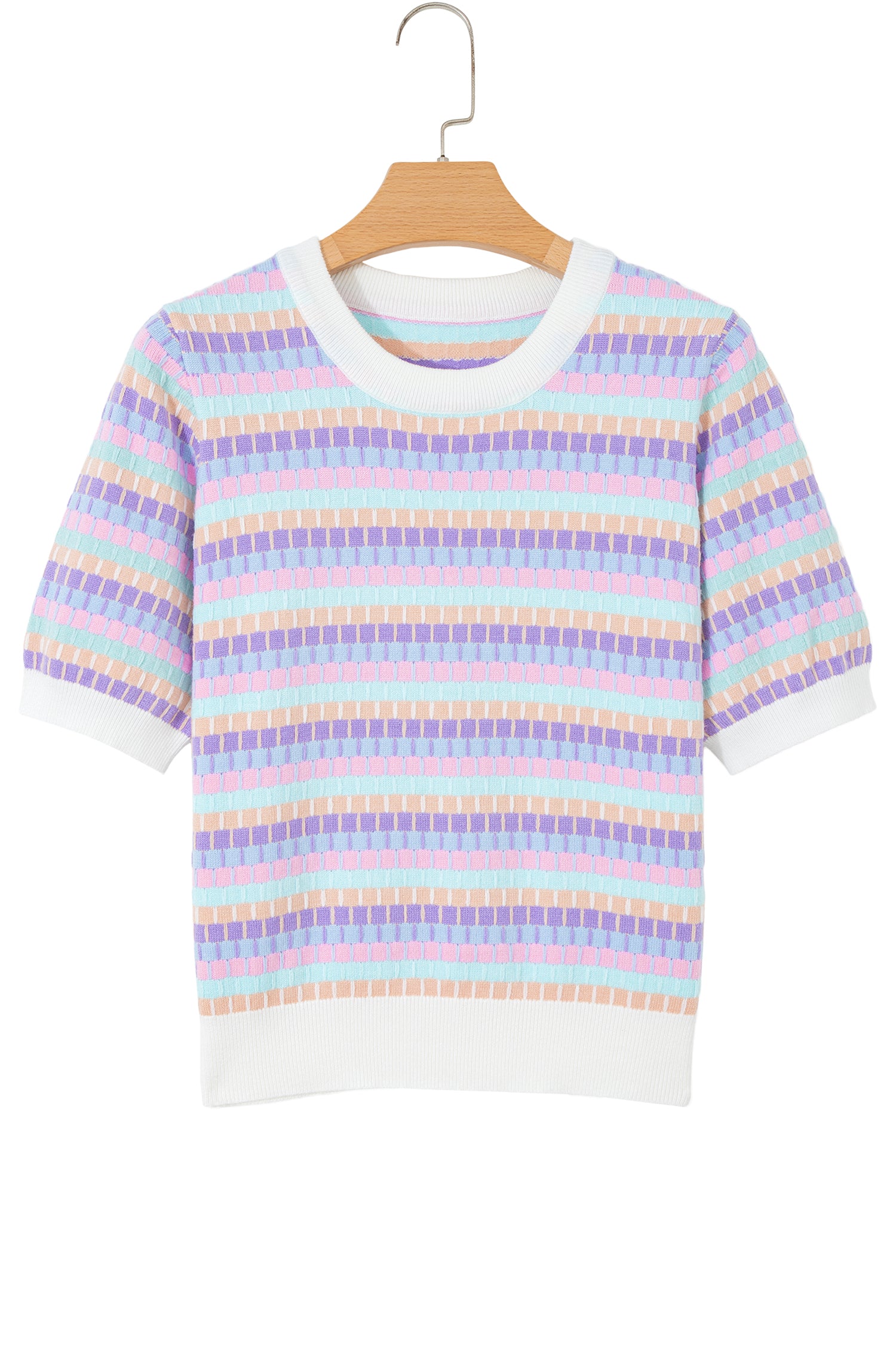 Orange Abstract Striped Knit Short Sleeve Sweater-Sweaters & Cardigans/Short Sleeve Sweaters-[Adult]-[Female]-2022 Online Blue Zone Planet