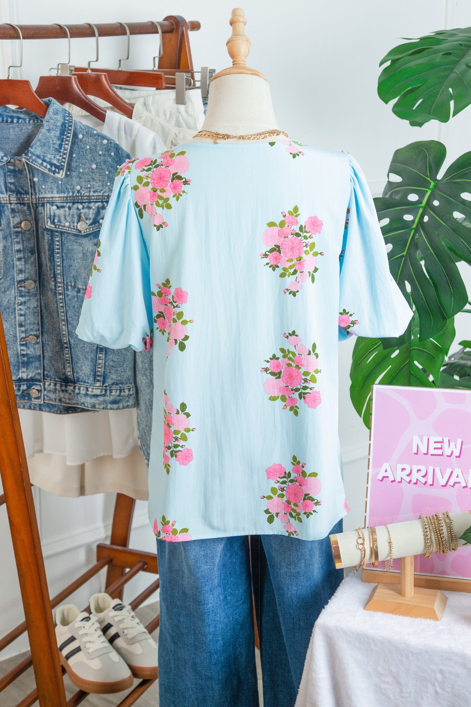 Sky Blue Floral Printed Contrast Ricrac Detail Bubble Sleeve Blouse-Tops/Blouses & Shirts-[Adult]-[Female]-2022 Online Blue Zone Planet