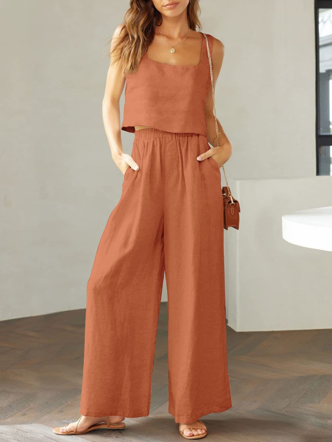 Square Neck Top and Wide Leg Pants Set-TOPS / DRESSES-[Adult]-[Female]-Caramel-S-2022 Online Blue Zone Planet