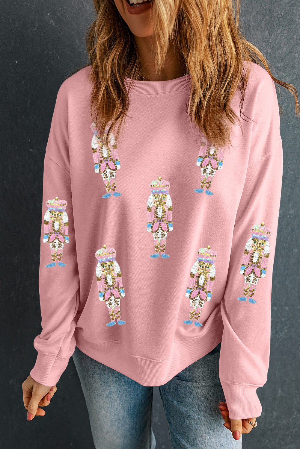 Pink Sequin Nutcracker Christmas Pullover Sweatshirt-Graphic/Graphic Sweatshirts-[Adult]-[Female]-2022 Online Blue Zone Planet