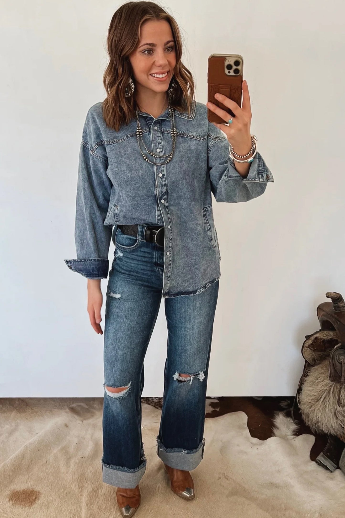 Dusk Blue Western Long Sleeve Shirt Collar Tunic Denim Jacket-Outerwear/Denim jackets-[Adult]-[Female]-2022 Online Blue Zone Planet