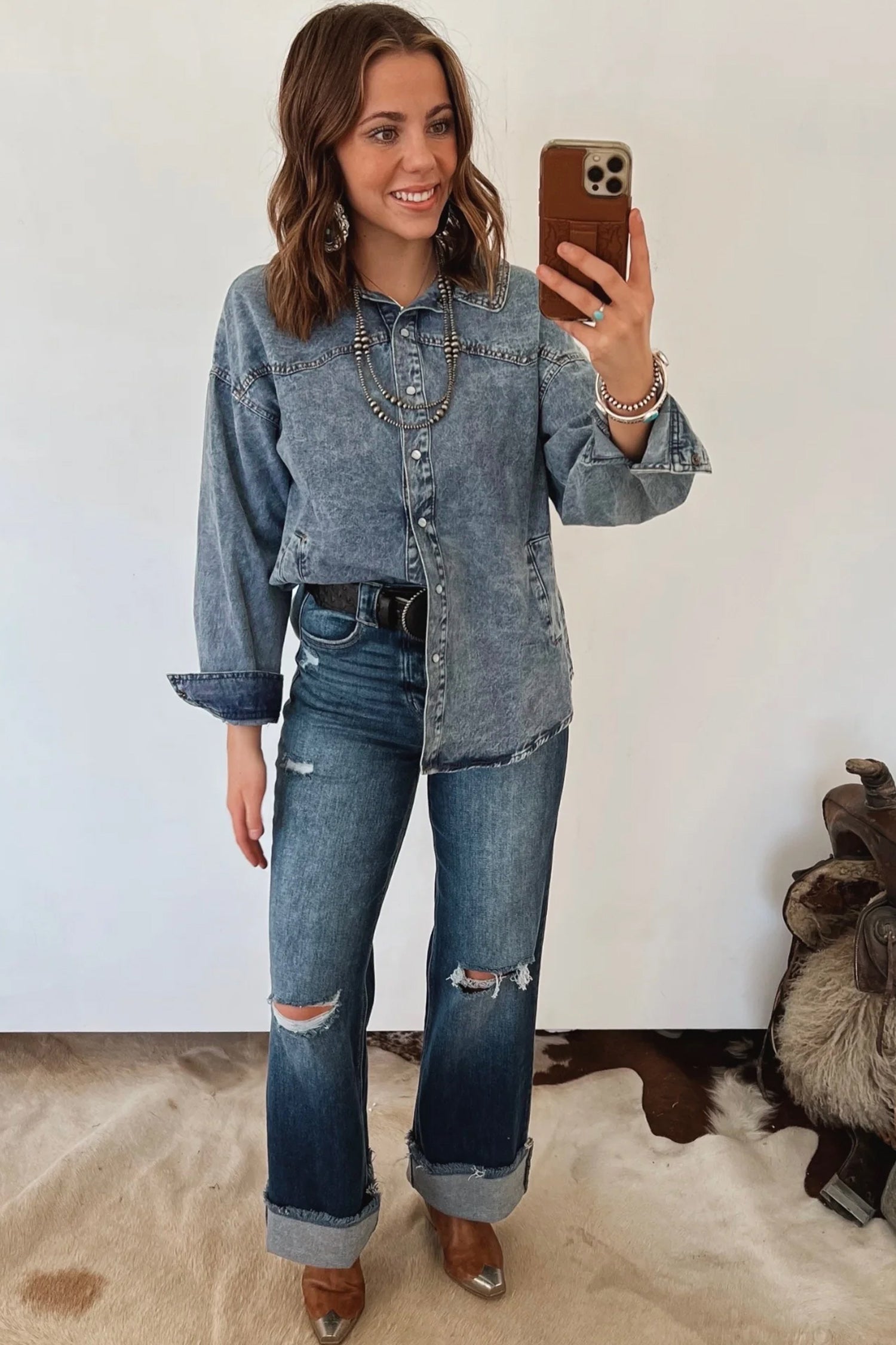 Dusk Blue Western Long Sleeve Shirt Collar Tunic Denim Jacket-Outerwear/Denim jackets-[Adult]-[Female]-2022 Online Blue Zone Planet