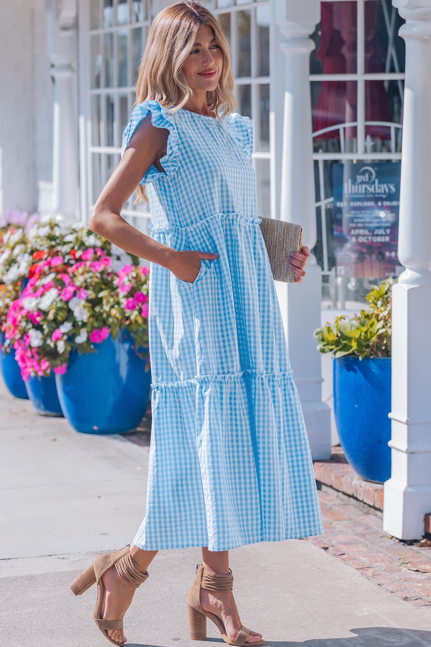 Sky Blue Knot Back Ruffled Short Sleeve Gingham Maxi Dress-TOPS / DRESSES-[Adult]-[Female]-2022 Online Blue Zone Planet