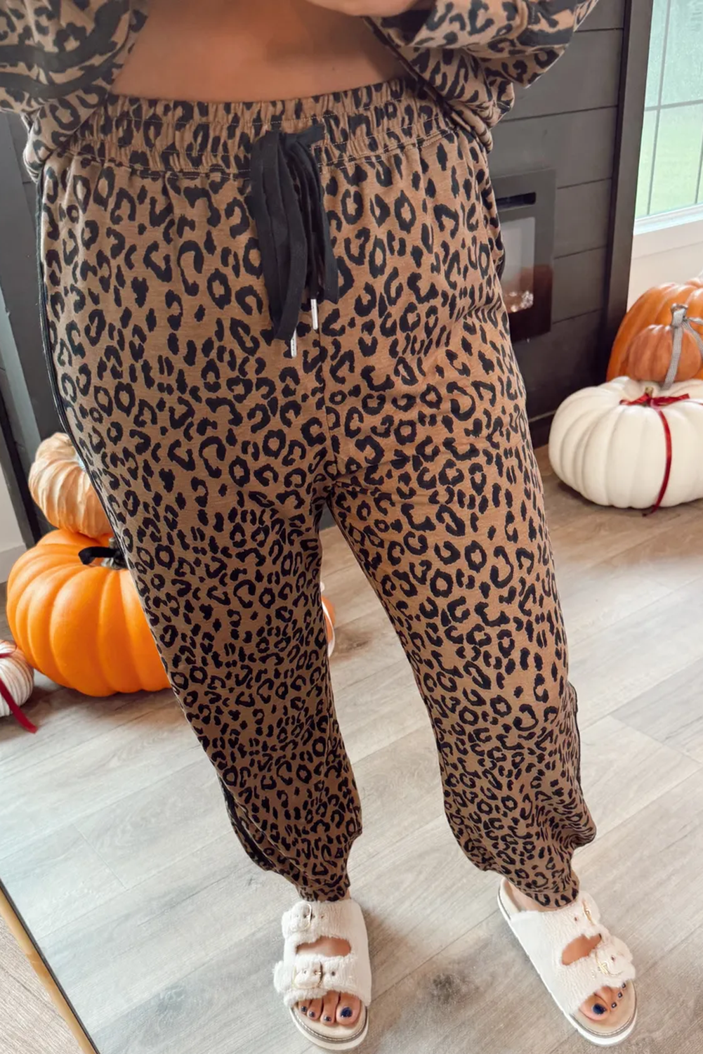 Brown Varsity Striped Trim Leopard Long Sleeve Top Drawstring Pant Set-Two Piece Sets/Pant Sets-[Adult]-[Female]-2022 Online Blue Zone Planet