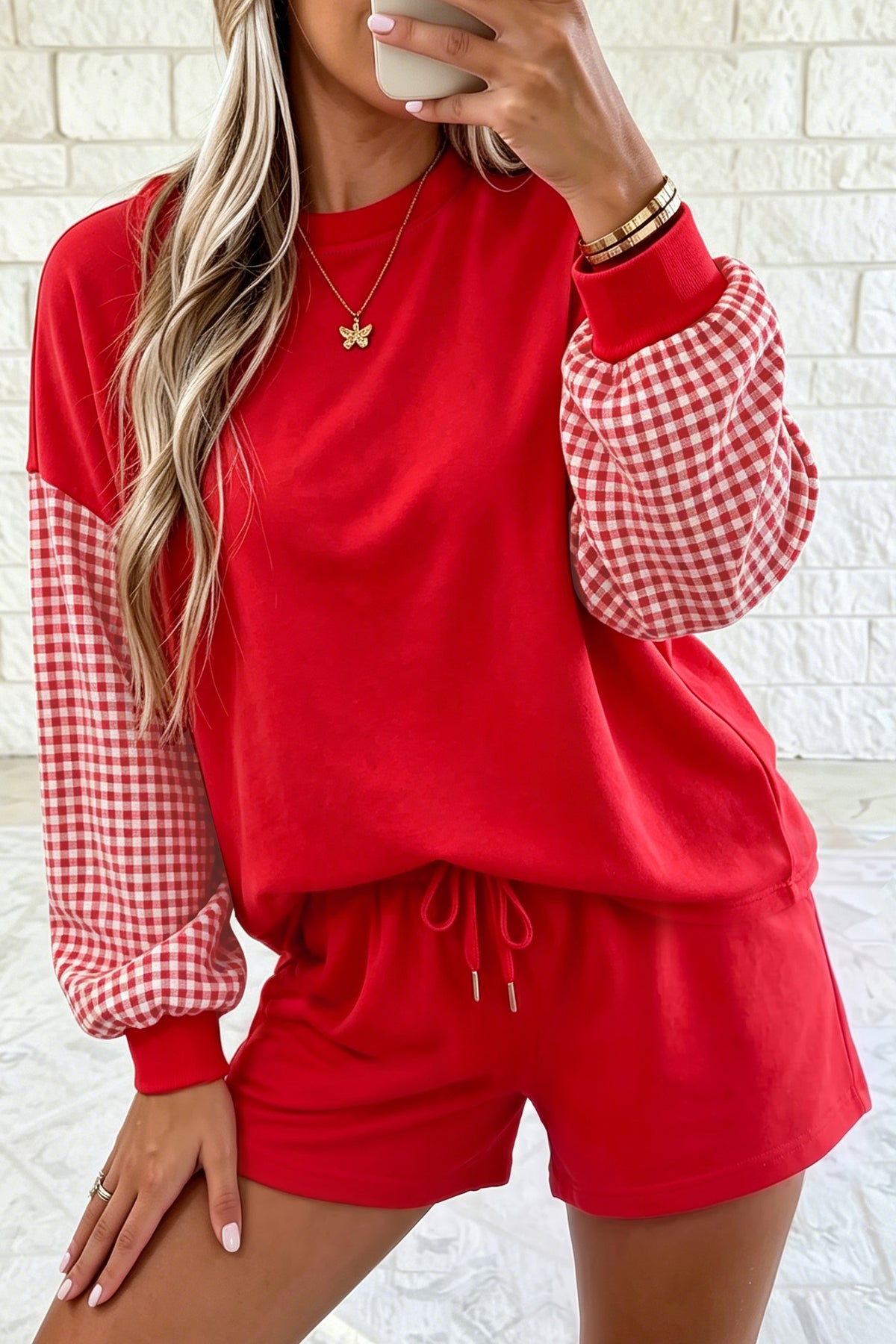 Red Plaid Patchwork Long Sleeve Top Solid Drawstring Shorts Set-Two Piece Sets/Short Sets-[Adult]-[Female]-2022 Online Blue Zone Planet