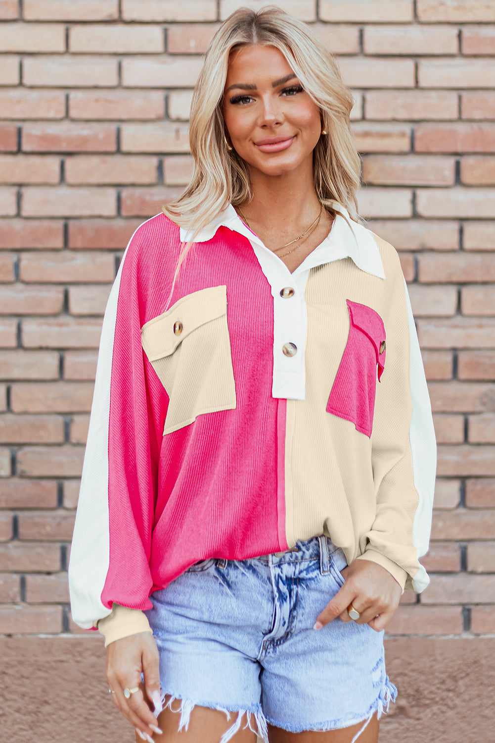 Pink Colorblock Ribbed Collared Oversized Sweatshirt-Tops/Sweatshirts & Hoodies-[Adult]-[Female]-Rose Red-S-2022 Online Blue Zone Planet