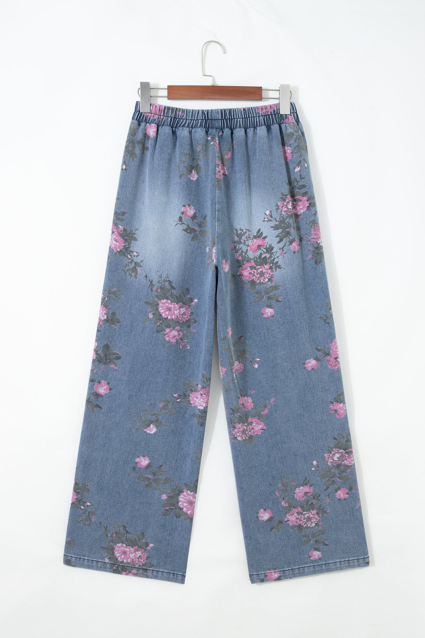Beau Blue Floral Print Elastic Waist Pull On Casual Jeans-Bottoms/Jeans-[Adult]-[Female]-2022 Online Blue Zone Planet