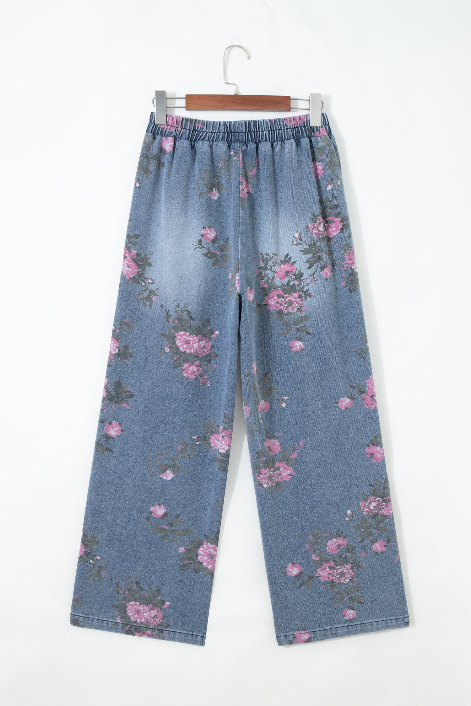 Beau Blue Floral Print Elastic Waist Pull On Casual Jeans-Bottoms/Jeans-[Adult]-[Female]-2022 Online Blue Zone Planet