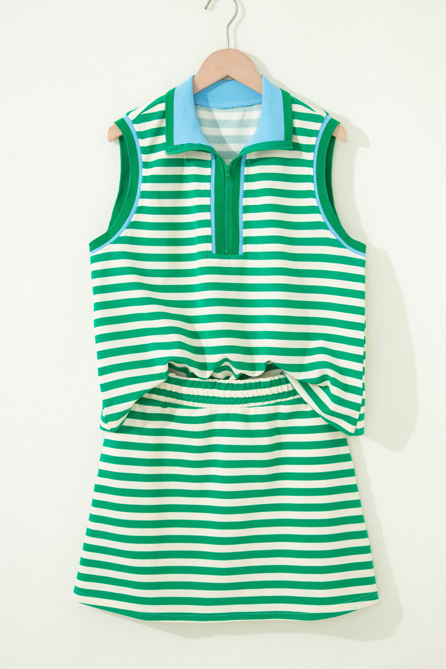 Bright Green Textured Stripe Print Contrast Trim Zip Collar Sleeveless 2pcs Skort Set-Two Piece Sets/Two Piece Dresses-[Adult]-[Female]-2022 Online Blue Zone Planet