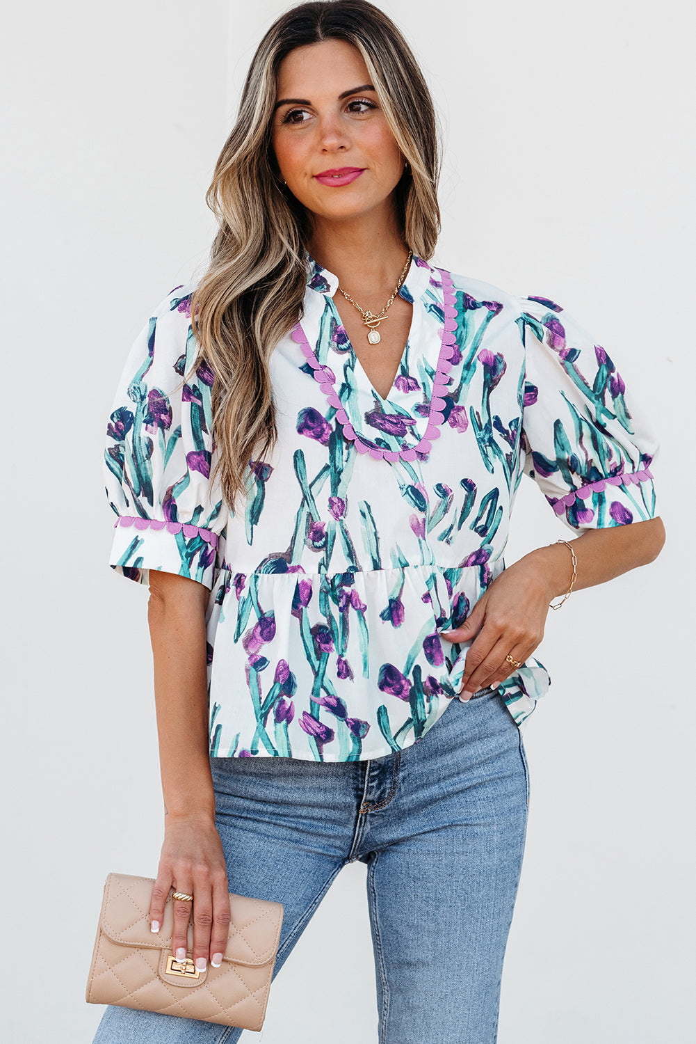 Purple Floral Ricrac Trim Half Sleeve Peplum Top-Tops/Blouses & Shirts-[Adult]-[Female]-Purple-S-2022 Online Blue Zone Planet