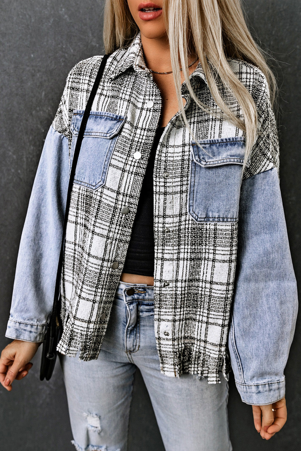 Sky Blue Plaid Patchwork Fringed Flap Pockets Denim Jacket-Outerwear/Denim jackets-[Adult]-[Female]-Sky Blue-S-2022 Online Blue Zone Planet