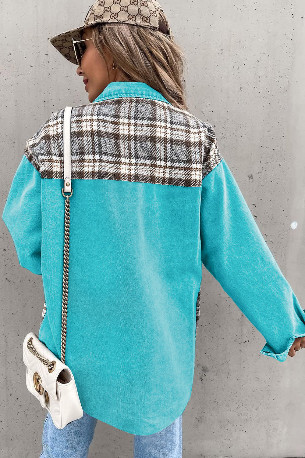 Blue Zone Planet | Sky Blue Plaid Patchwork Pockets Denim Jacket-Outerwear/Denim jackets-[Adult]-[Female]-2022 Online Blue Zone Planet