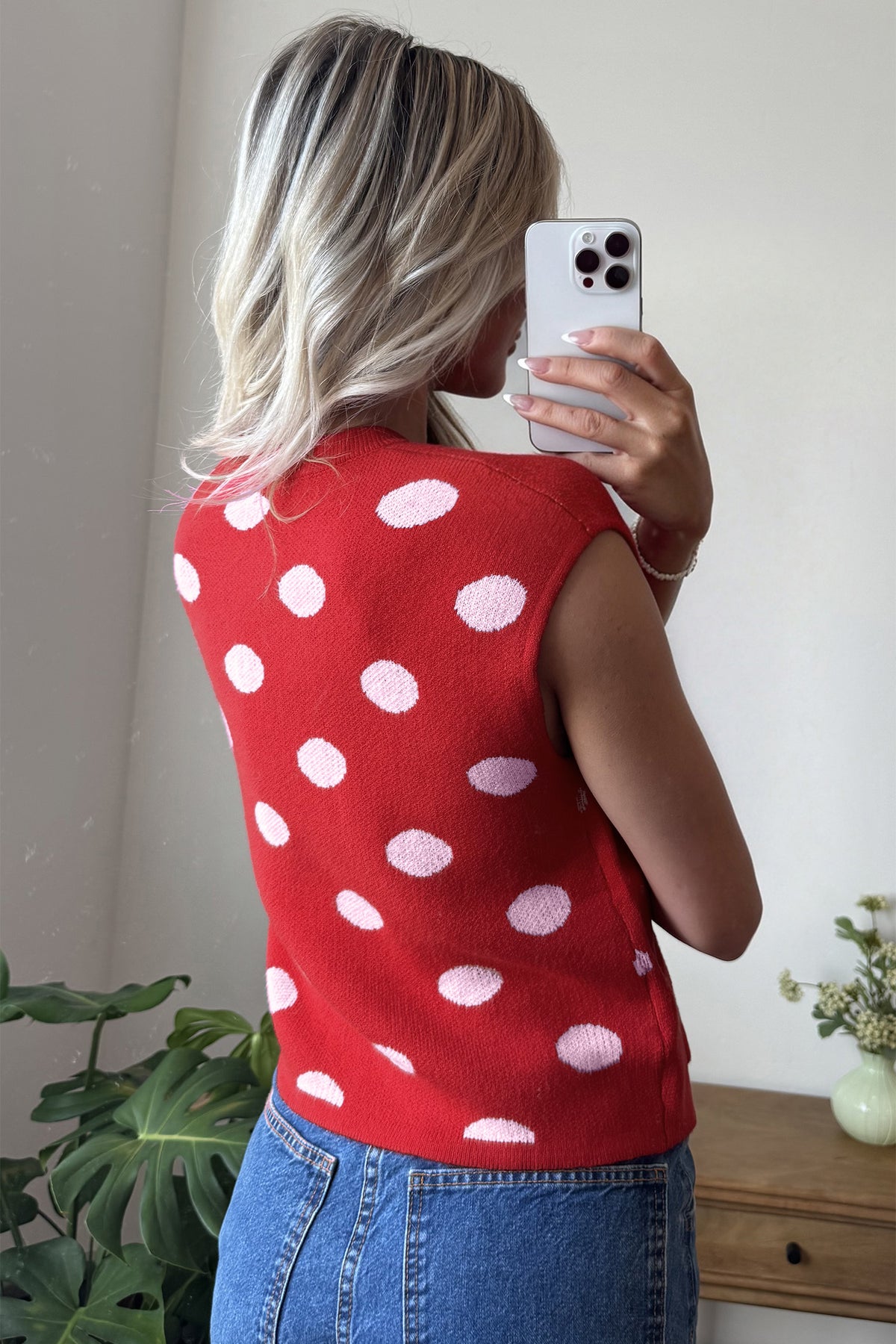 Red Polka Dot Sleeveless Knit Button Drop Shoulder Sweater Vest-TOPS / DRESSES-[Adult]-[Female]-2022 Online Blue Zone Planet