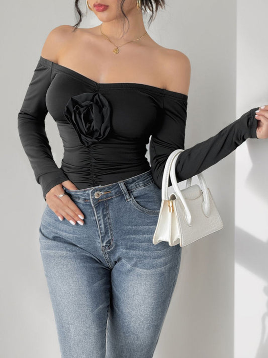 Perfee Ruched Flower Off-Shoulder Long Sleeve Bodysuit-TOPS / DRESSES-[Adult]-[Female]-Black-S-2022 Online Blue Zone Planet