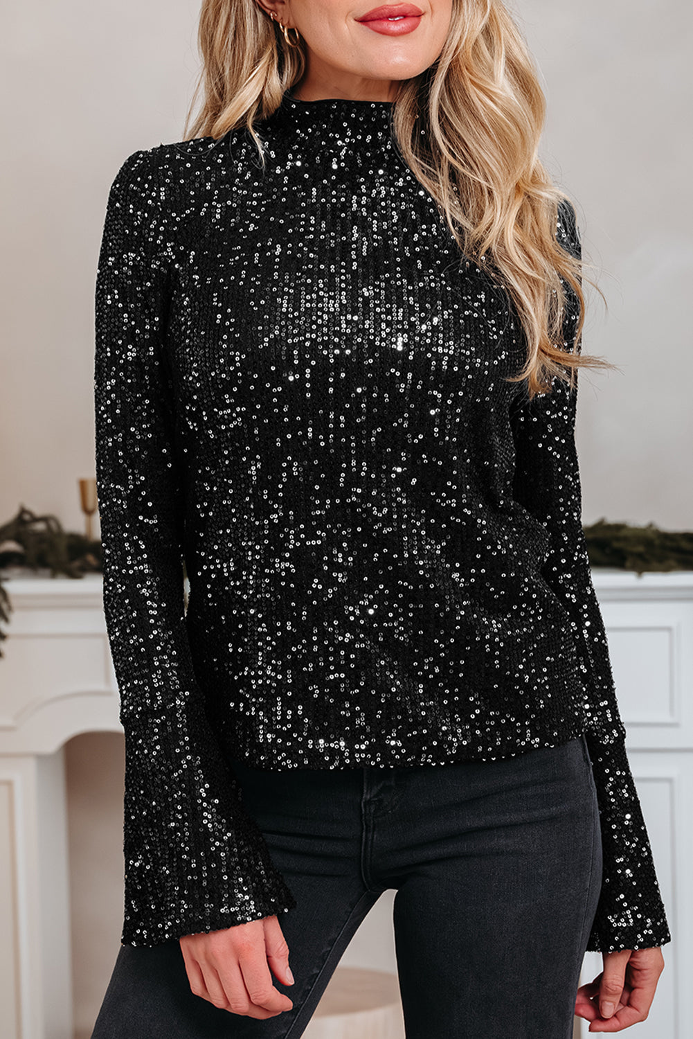 Black Sequin Mock Neck Drape Open Back Bell Sleeve Top-Tops/Long Sleeve Tops-[Adult]-[Female]-2022 Online Blue Zone Planet