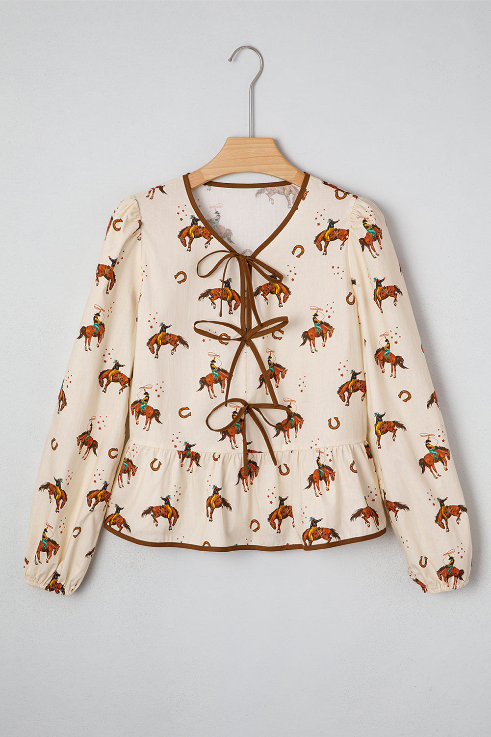 Apricot Western Rodeo Print Tied Front Puff Sleeve Peplum Top-Tops/Blouses & Shirts-[Adult]-[Female]-2022 Online Blue Zone Planet