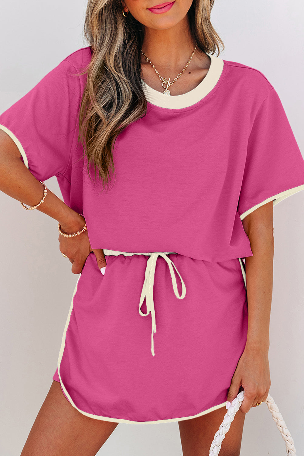 Black Colorblock Edge Drop Shoulder T Shirt and Skort 2Pcs Set-Two Piece Sets/Two Piece Dresses-[Adult]-[Female]-2022 Online Blue Zone Planet