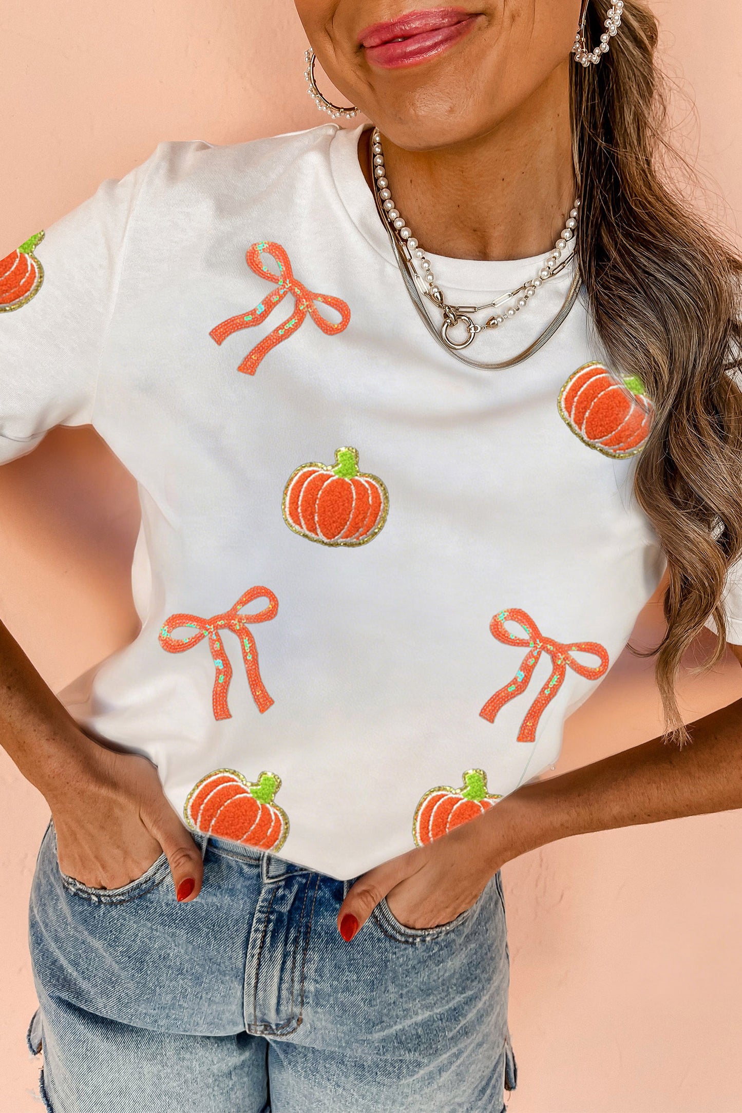 White Sequin Chenille Pumpkin Bow Pattern Casual Short T Shirt-Graphic/Graphic Tees-[Adult]-[Female]-2022 Online Blue Zone Planet