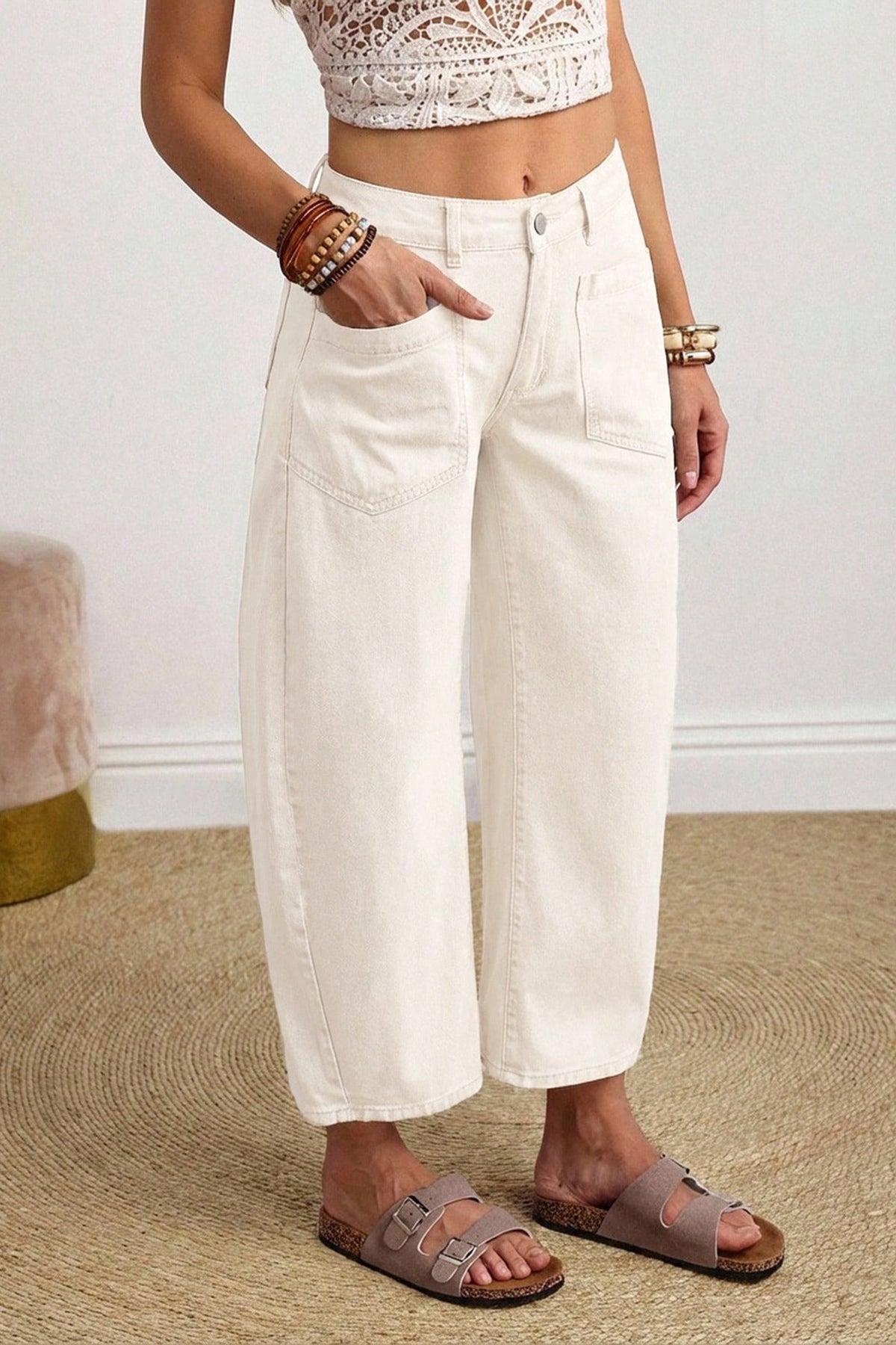Beige Solid Color Square Patch Pocket Ankle-length Barrel Jeans-Bottoms/Jeans-[Adult]-[Female]-2022 Online Blue Zone Planet