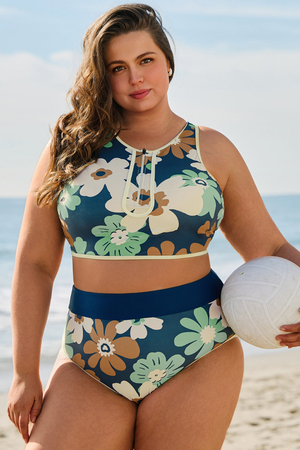 Green Floral Printed Zipped Plus Size Two Pieces Bikini-Plus Size/Plus Size Swimwear-[Adult]-[Female]-2022 Online Blue Zone Planet
