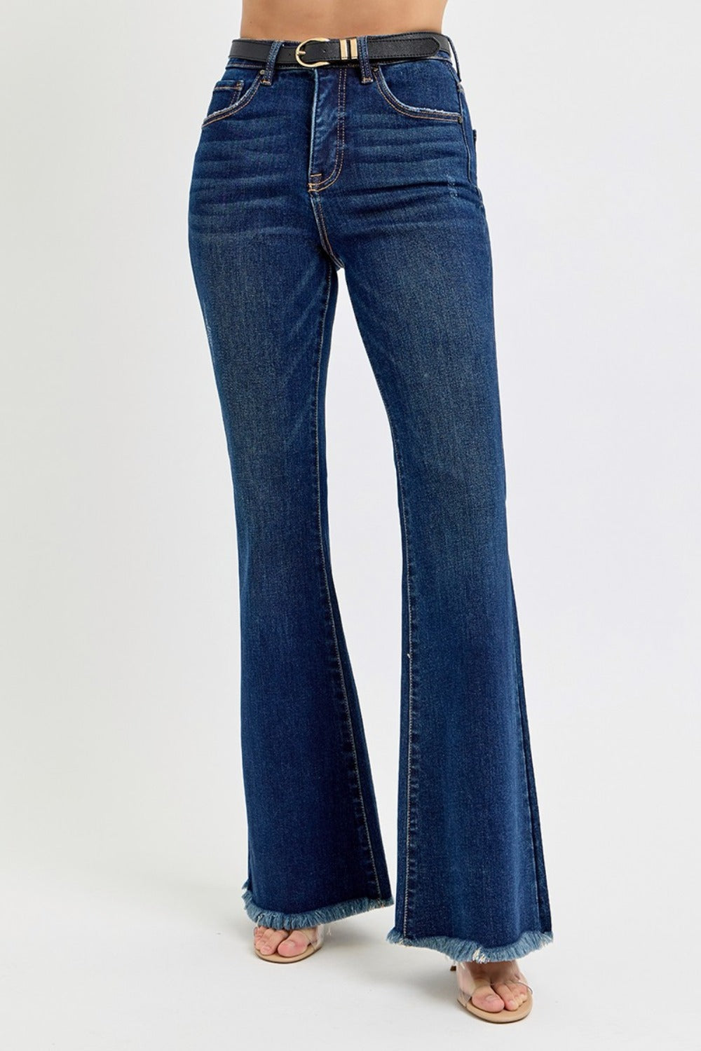 RISEN Tummy Control Frayed Hem Flare Jeans-BOTTOMS SIZES SMALL MEDIUM LARGE-[Adult]-[Female]-2022 Online Blue Zone Planet