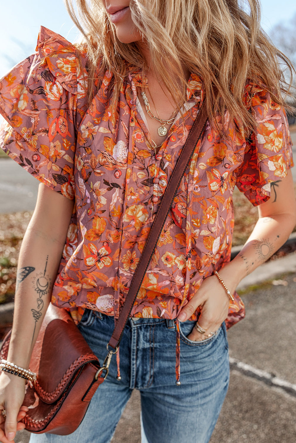 Orange Floral Print Ruffled Flutter Sleeve Frilled V Neck Blouse-Tops/Blouses & Shirts-[Adult]-[Female]-2022 Online Blue Zone Planet