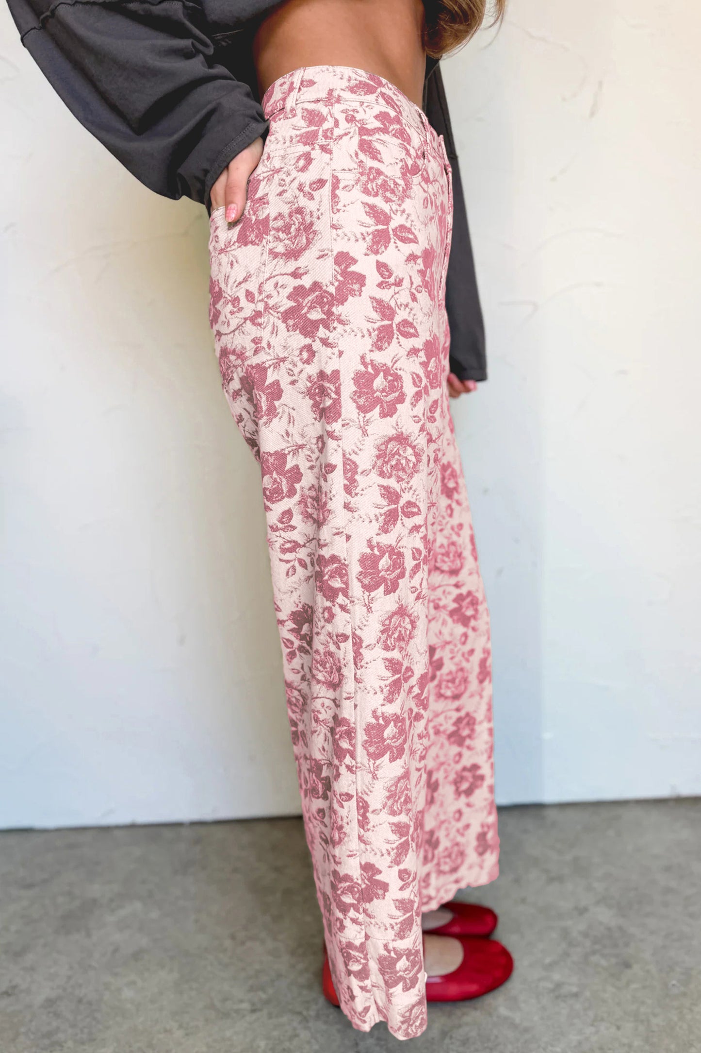 Pink Vintage Floral Print Denim Shift Pants-Bottoms/Jeans-[Adult]-[Female]-2022 Online Blue Zone Planet