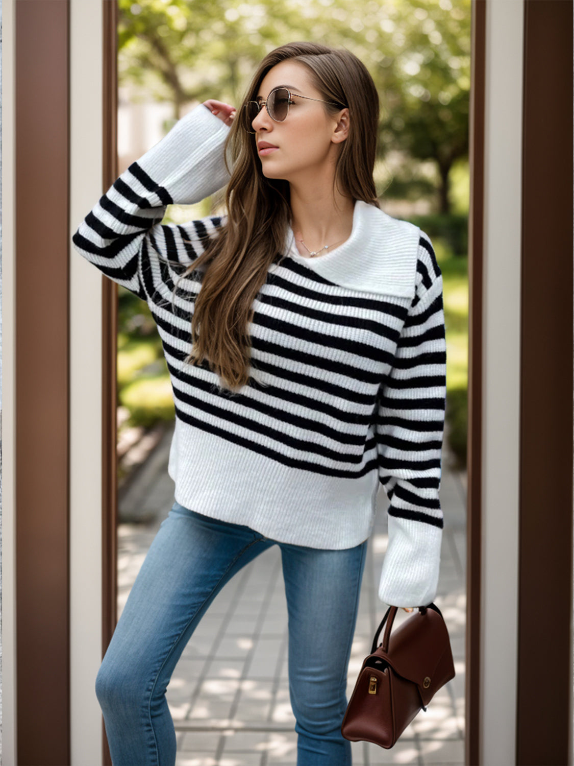 Blue Zone Planet | Striped Collared Neck Long Sleeve Sweater-TOPS / DRESSES-[Adult]-[Female]-2022 Online Blue Zone Planet