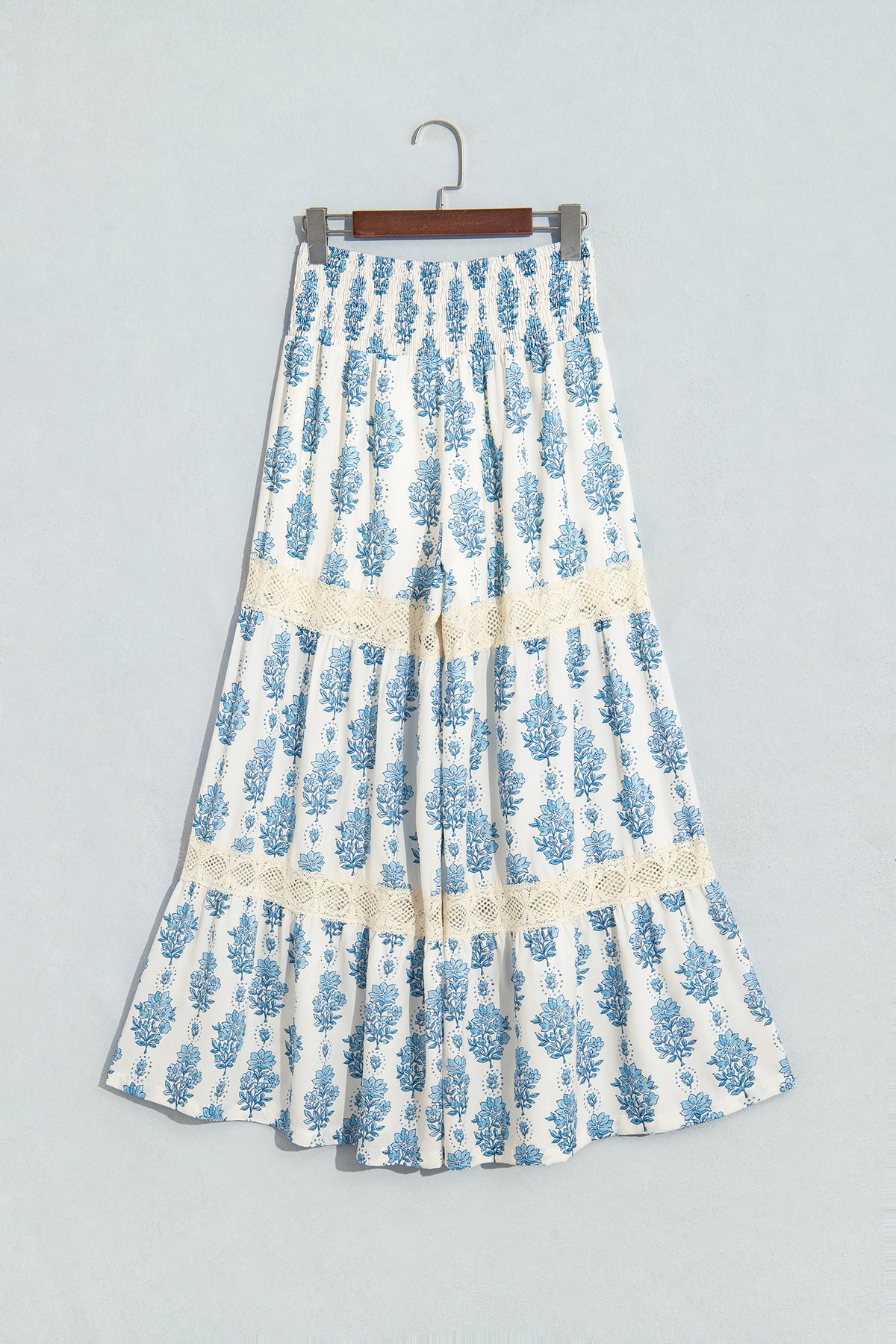 Sky Blue Floral Print Lace Patchwork Detail Wide Leg Pants-Bottoms/Pants & Culotte-[Adult]-[Female]-2022 Online Blue Zone Planet