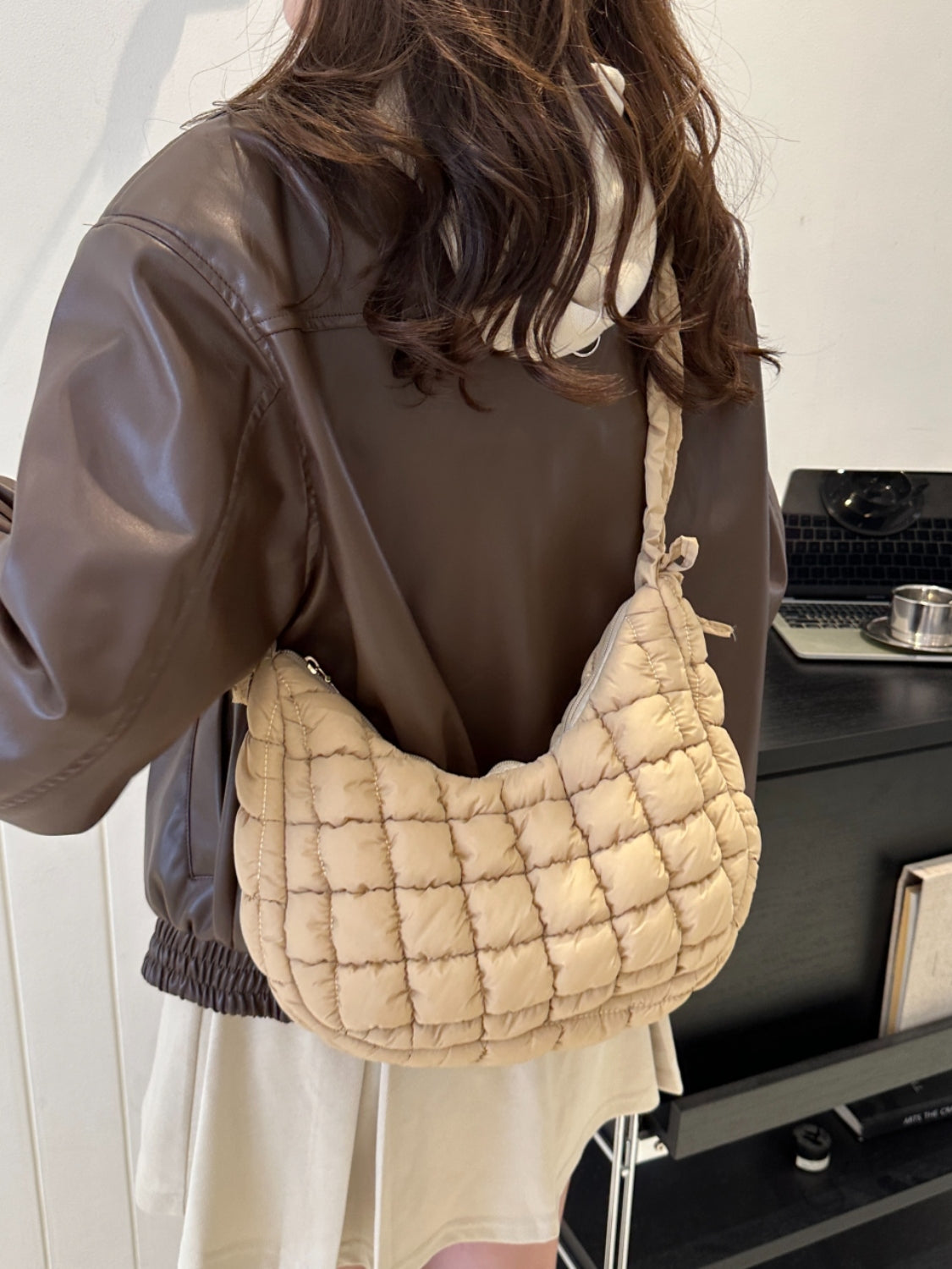 Bubble Texture Ruched Strap Quilted Shoulder Bag-HANDBAGS-[Adult]-[Female]-Khaki-One Size-2022 Online Blue Zone Planet