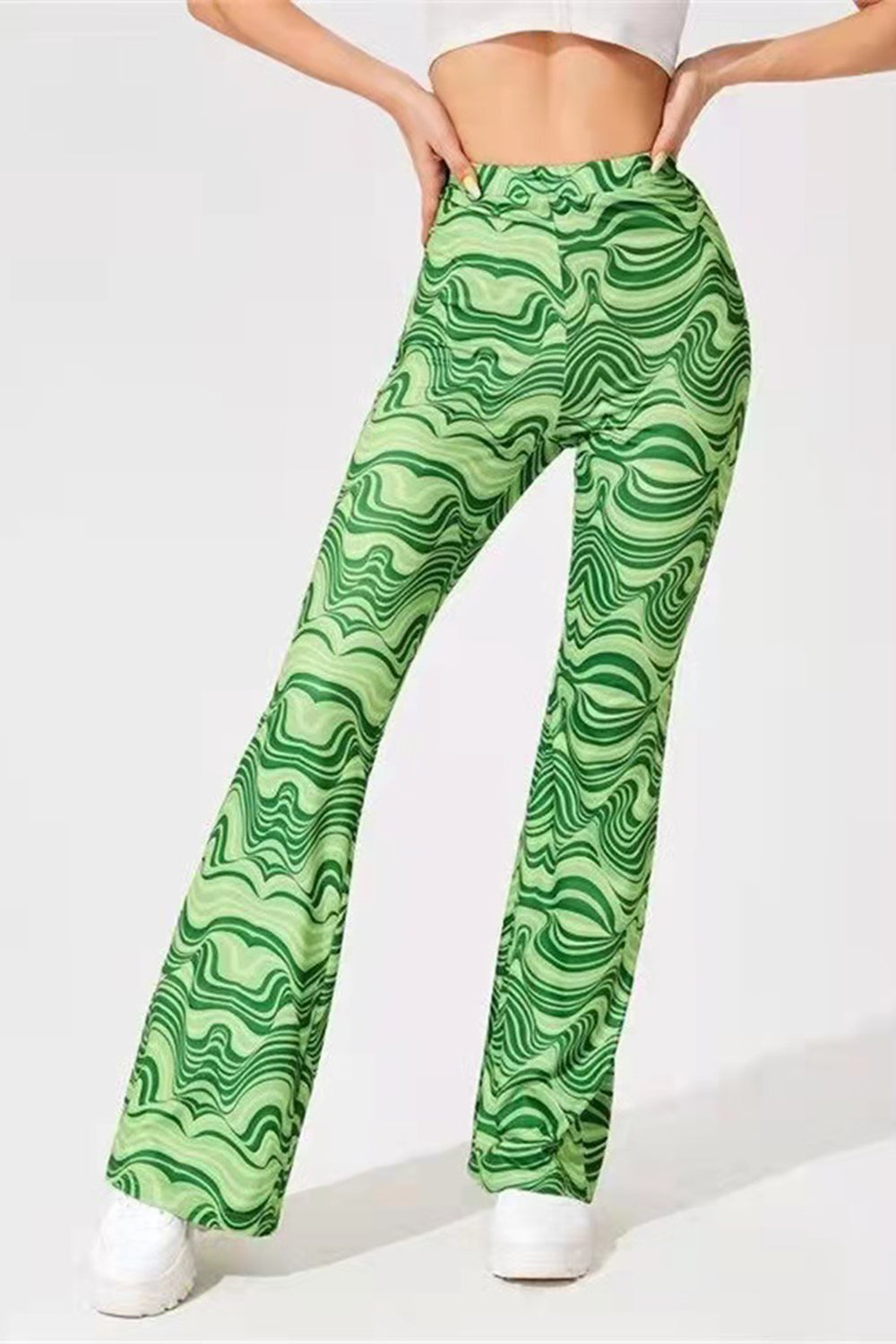 Printed High Waist Flare Pants-[Adult]-[Female]-2022 Online Blue Zone Planet