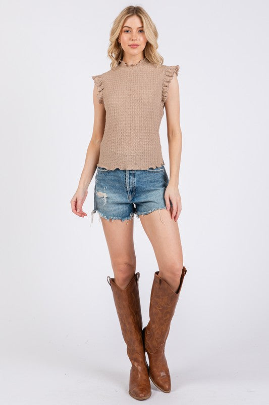 Ces Femme Texture Mock Neck Ruffle Cap Sleeve Blouse-TOPS / DRESSES-[Adult]-[Female]-2022 Online Blue Zone Planet