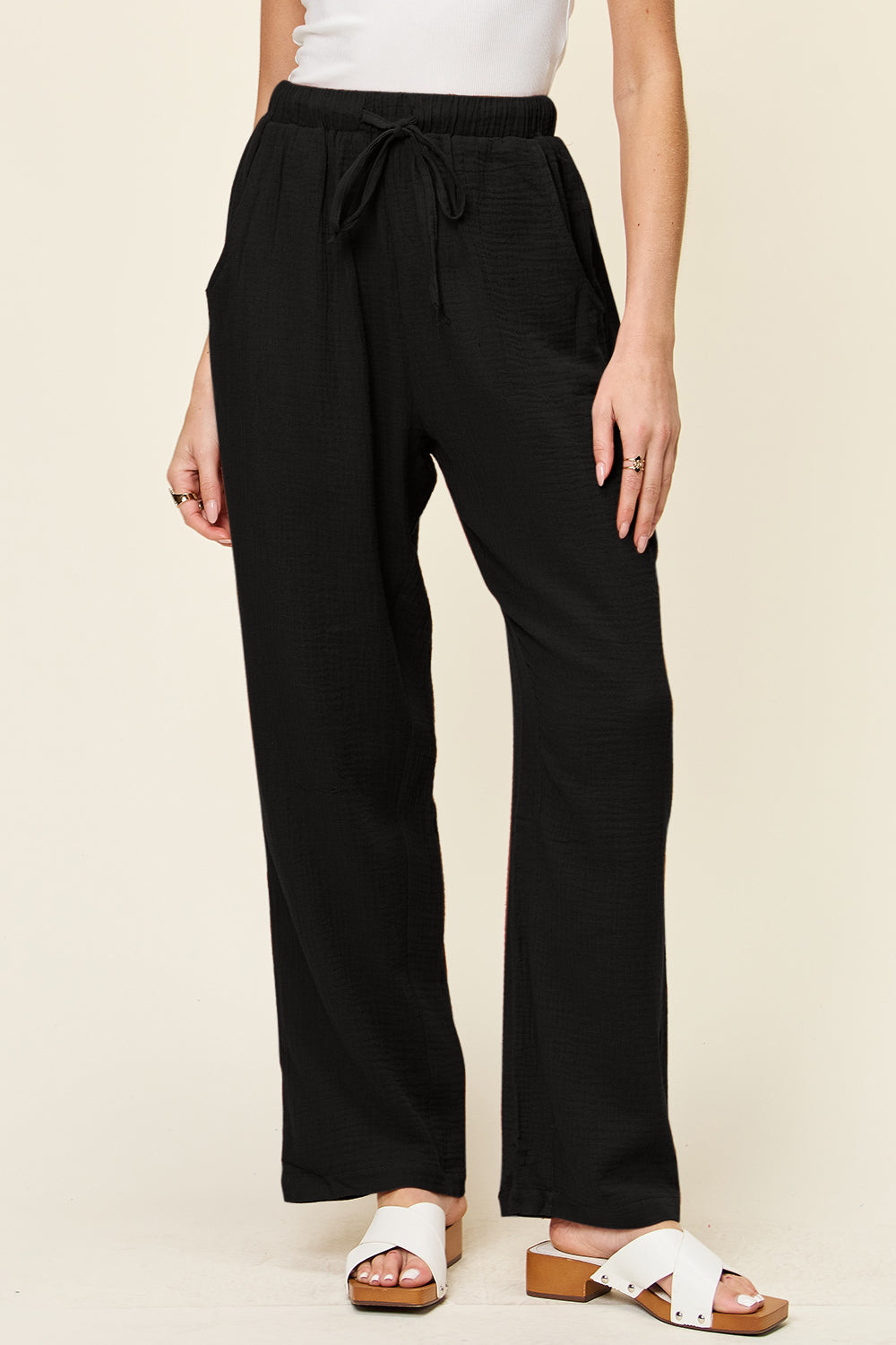 Double Take Full Size Texture Drawstring Straight Pants-BOTTOMS SIZES SMALL MEDIUM LARGE-[Adult]-[Female]-Black-S-2022 Online Blue Zone Planet