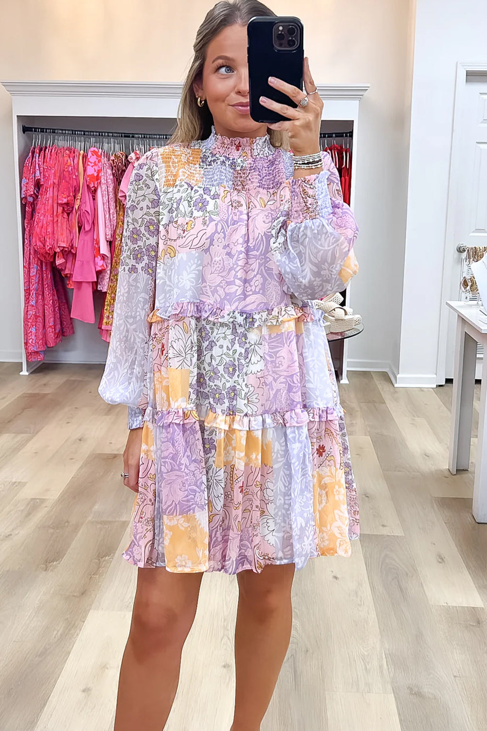 Multicolour Floral Smocked Mock Neck Ruffled Tiered Bubble Sleeve Dress-Dresses/Floral Dresses-[Adult]-[Female]-2022 Online Blue Zone Planet