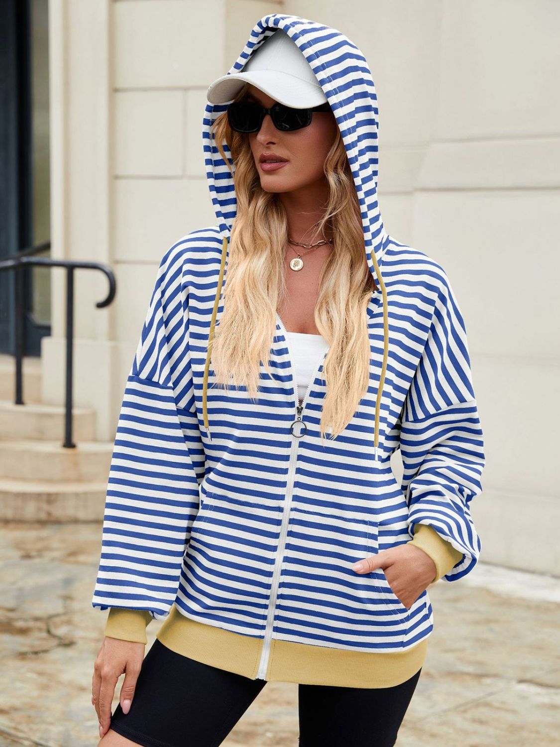 Drawstring Striped Zip Up Long Sleeve Hoodie Blue Zone Planet