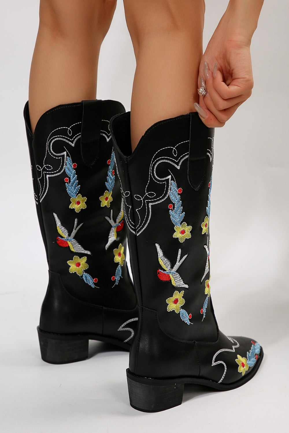 Embroidered Point Toe Block Heel Boots-COWBOY BOOTS-[Adult]-[Female]-2022 Online Blue Zone Planet